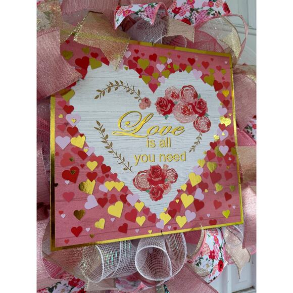 Love is All You Need Valentines Day Heart and Roses Spring Wreath Door Hanger - Picture 2 of 7